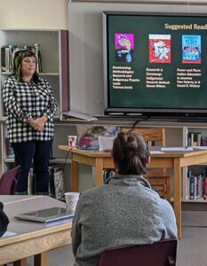 Between Two Worlds Indigenous Science Program Instructor, Jen Willup, presenting on the challenges Indigenous youth often find within a traditional learning environment