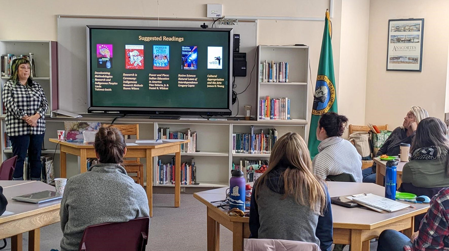 Between Two Worlds Indigenous Science Program Instructor, Jen Willup, presenting on the challenges Indigenous youth often find within a traditional learning environment