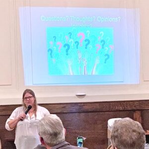 Katie Worth shares some of what she learned while investigating how climate change is taught in America with an audience at the Centralia Grand Ballroom.