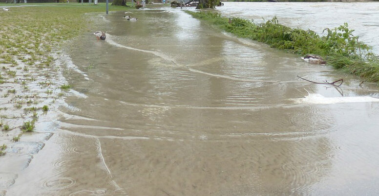 Image of a flooded sidewalk on a river bank